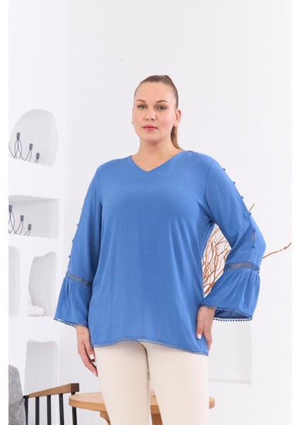 Kol Detaylı Büyük Beden Kırinkıl Indigo Bluz fırsatları