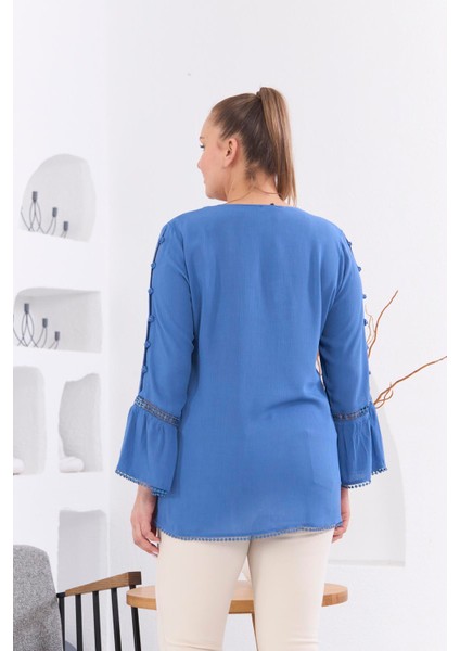 Kol Detaylı Büyük Beden Kırinkıl Indigo Bluz indirimleri