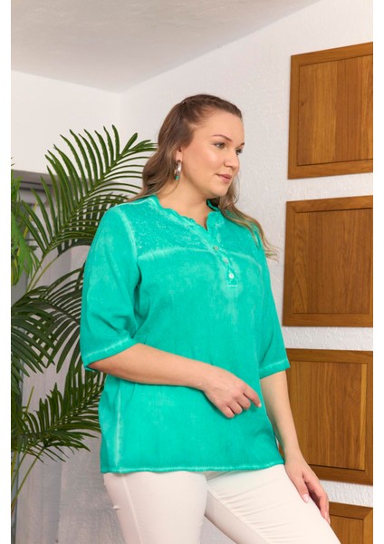 Yaka Pul Payet Detaylı Büyük Beden Yeşil Bluz fiyatları