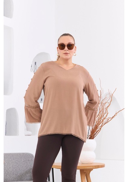 Kol Detaylı Büyük Beden Kırinkıl Vizon Bluz