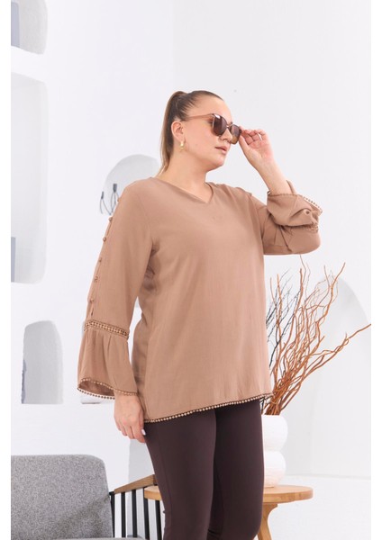 Kol Detaylı Büyük Beden Kırinkıl Vizon Bluz fiyatları