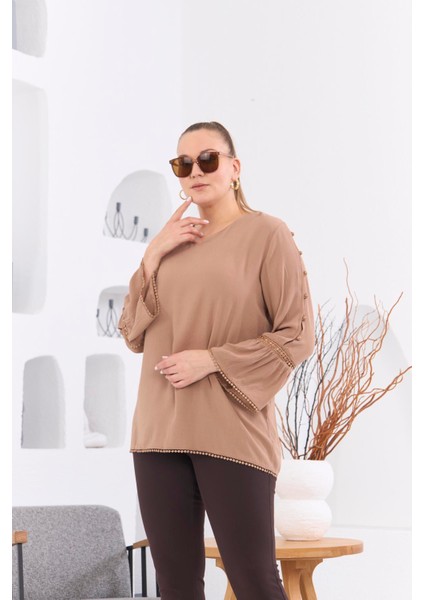 Kol Detaylı Büyük Beden Kırinkıl Vizon Bluz modelleri
