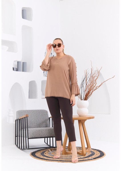 Kol Detaylı Büyük Beden Kırinkıl Vizon Bluz indirimleri