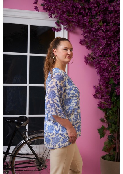 Çiçek Desenli V Yaka Büyük Beden Şifon Bluz Krem fiyatları