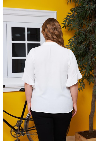 Yaka Bağcık Detaylı Büyük Beden Bluz Ekru indirimleri