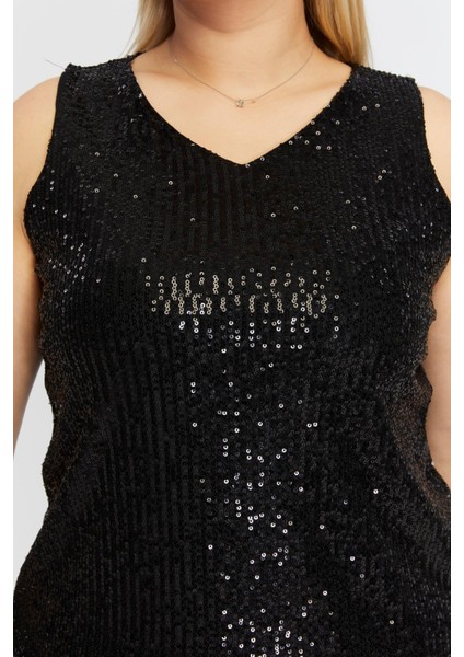 Pul Payetli Büyük Beden Sıfır Kol Siyah Bluz fiyatları