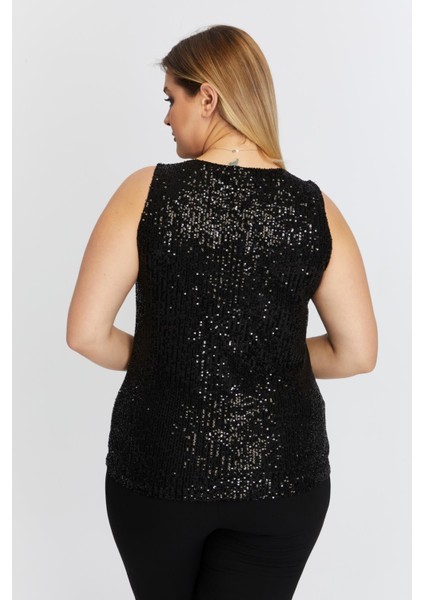 Pul Payetli Büyük Beden Sıfır Kol Siyah Bluz indirimleri