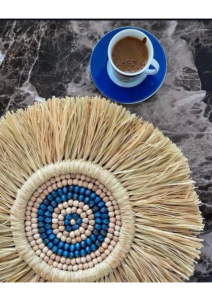 Rafya Mavi Ahşap Boncuklu Duvar Aksesuar Süsü