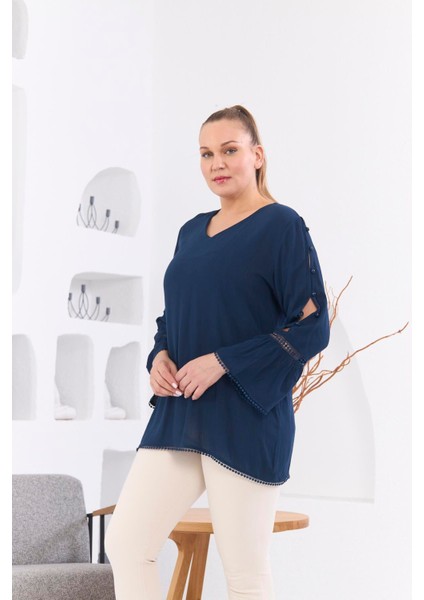 Kol Detaylı Büyük Beden Kırinkıl Lacivert Bluz modelleri