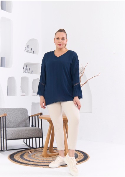 Kol Detaylı Büyük Beden Kırinkıl Lacivert Bluz indirimleri