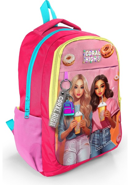 Pembe Neon Mercan Fashion Girl Desenli Üç Bölmeli Sırt Çantası 23669