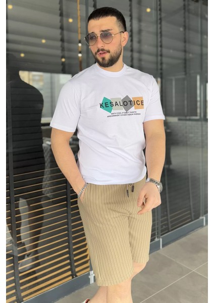 Erkek Çift Cepli Bel Lastikli Çizgi Desenli Şort