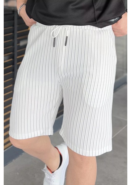 Erkek Çift Cepli Bel Lastikli Çizgi Desenli Şort
