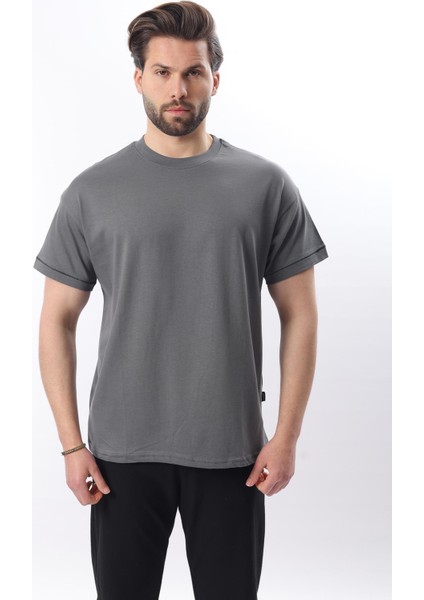 Füme Bisiklet Yaka Çoban Dikişli Overfit Erkek T-Shirt E7103