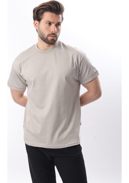 Boyalı Gri Bisiklet Yaka Çoban Dikişli Overfit Erkek T-Shirt E7103