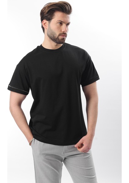Siyah Bisiklet Yaka Çoban Dikişli Overfit Erkek T-Shirt E7103 fiyatları