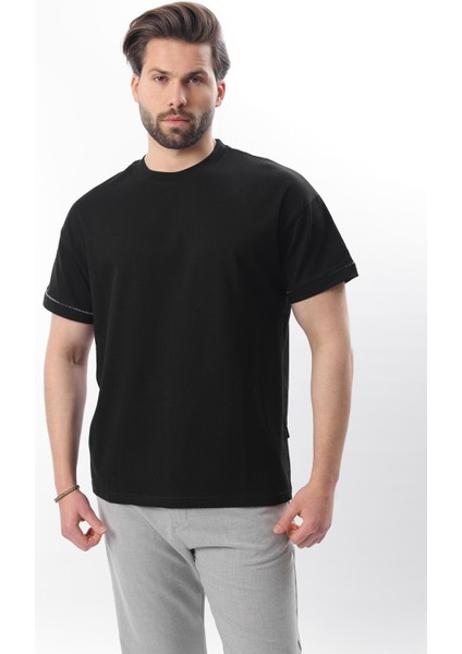 Siyah Bisiklet Yaka Çoban Dikişli Overfit Erkek T-Shirt E7103 modelleri