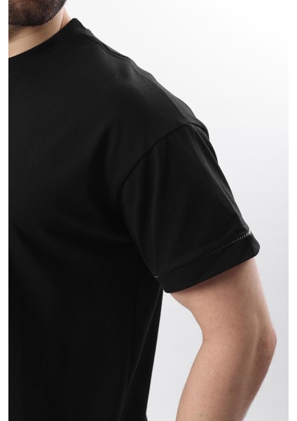 Siyah Bisiklet Yaka Çoban Dikişli Overfit Erkek T-Shirt E7103 fırsatları