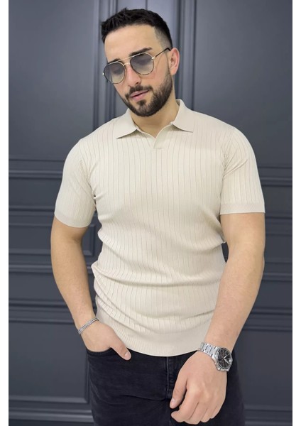Erkek Polo Yaka Kendinden Çizgi Desenli Triko Tişört P-00015202