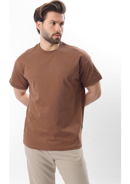 Kahverengi Bisiklet Yaka Çoban Dikişli Overfit Erkek T-Shirt E7103