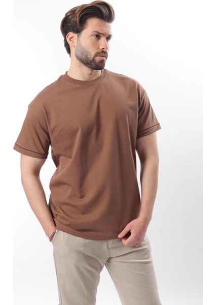 Kahverengi Bisiklet Yaka Çoban Dikişli Overfit Erkek T-Shirt E7103 fiyatları