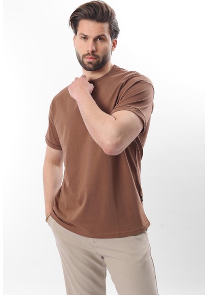 Kahverengi Bisiklet Yaka Çoban Dikişli Overfit Erkek T-Shirt E7103 modelleri