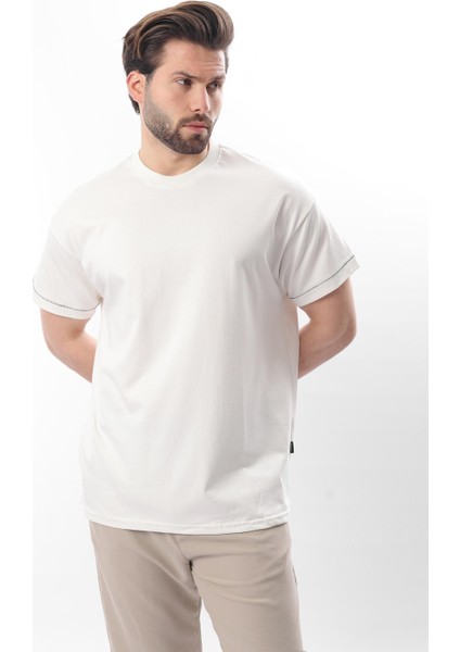 Ekru Bisiklet Yaka Çoban Dikişli Overfit Erkek T-Shirt E7103