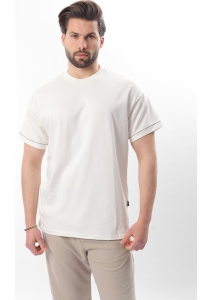 Ekru Bisiklet Yaka Çoban Dikişli Overfit Erkek T-Shirt E7103 fiyatları