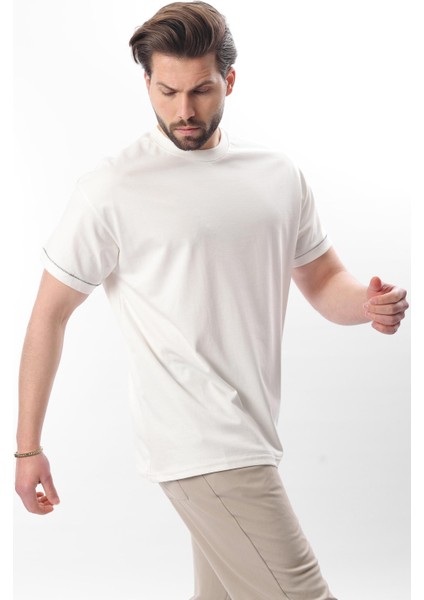 Ekru Bisiklet Yaka Çoban Dikişli Overfit Erkek T-Shirt E7103 modelleri