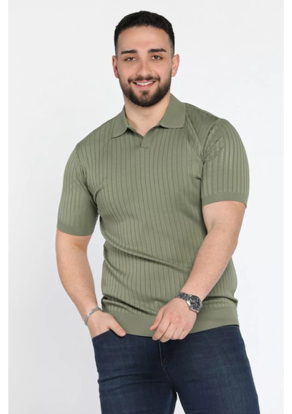 Erkek Polo Yaka Kendinden Çizgi Desenli Triko Tişört P-00015202
