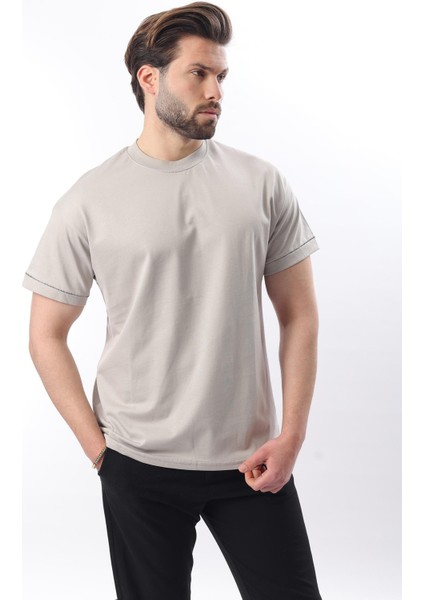 Boyalı Gri Bisiklet Yaka Çoban Dikişli Overfit Erkek T-Shirt E7103 fiyatları