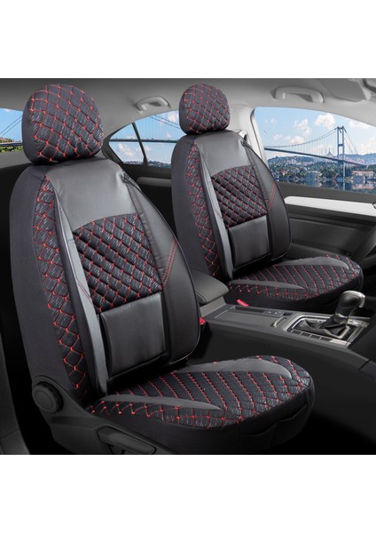 Infiniti EX30D Uyumlu Lüx Yarı Deri Oto Koltuk Kılıfı Ön Arka Takım Alpine Siyah Kırmızı