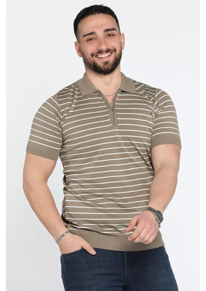 Erkek Polo Yaka Çizgi Desenli Yarım Fermuarlı Triko Tişört P-00015209