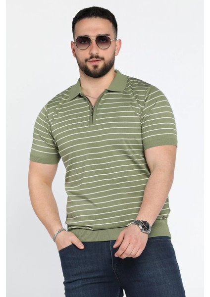Erkek Polo Yaka Çizgi Desenli Yarım Fermuarlı Triko Tişört P-00015209