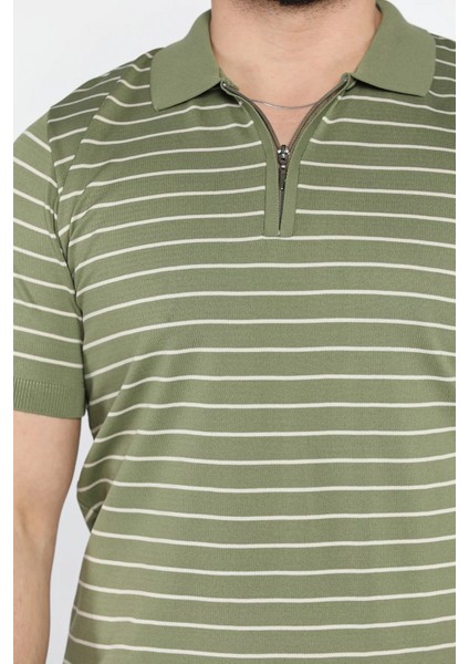 Erkek Polo Yaka Çizgi Desenli Yarım Fermuarlı Triko Tişört P-00015209 fırsatları