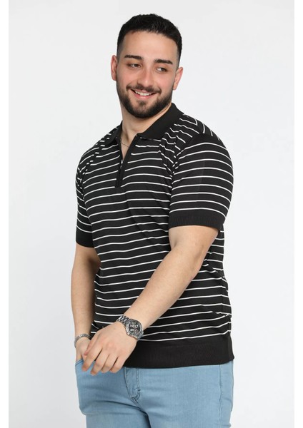 Erkek Polo Yaka Çizgi Desenli Yarım Fermuarlı Triko Tişört P-00015209