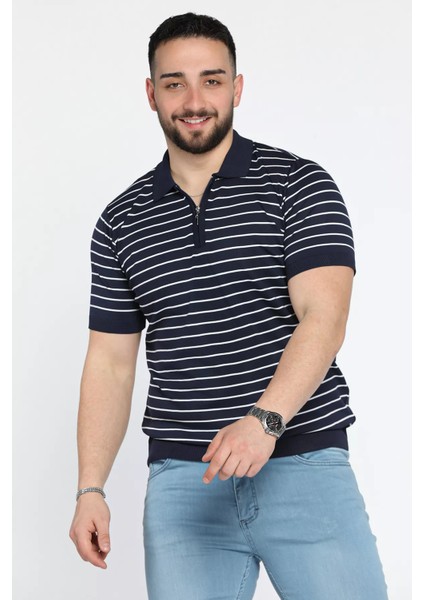 Erkek Polo Yaka Çizgi Desenli Yarım Fermuarlı Triko Tişört P-00015209
