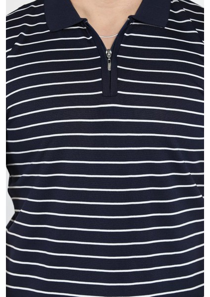 Erkek Polo Yaka Çizgi Desenli Yarım Fermuarlı Triko Tişört P-00015209 fırsatları