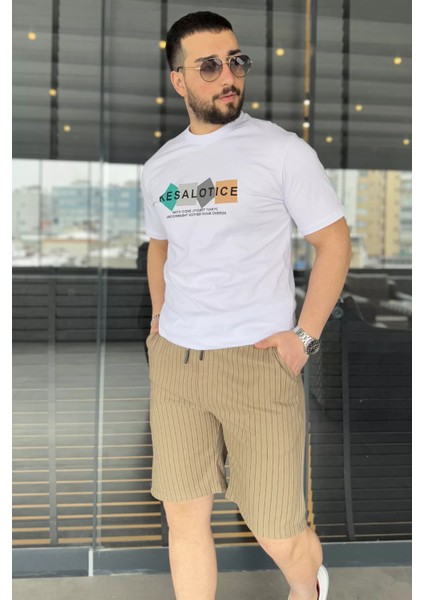 Erkek Çift Cepli Bel Lastikli Çizgi Desenli Şort