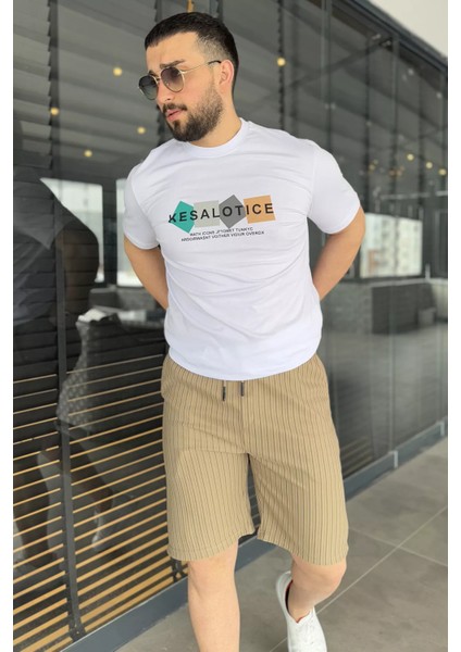 Erkek Çift Cepli Bel Lastikli Çizgi Desenli Şort fiyatları