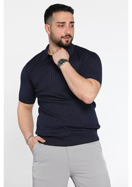 Erkek Polo Yaka Kendinden Çizgi Desenli Triko Tişört P-00015202