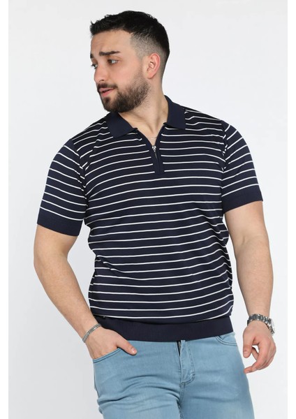 Erkek Polo Yaka Çizgi Desenli Yarım Fermuarlı Triko Tişört P-00015209 fiyatları
