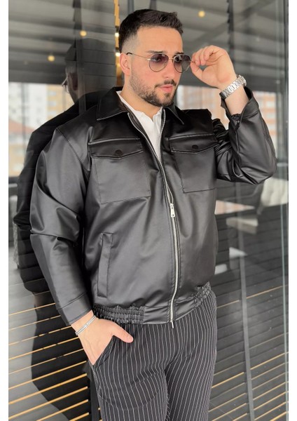 Erkek Bel Büzgülü Ön Fermuarlı Suni Deri Ceket