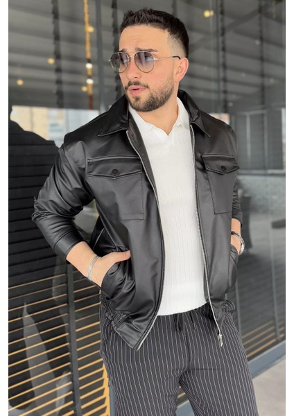 Erkek Bel Büzgülü Ön Fermuarlı Suni Deri Ceket fiyatları