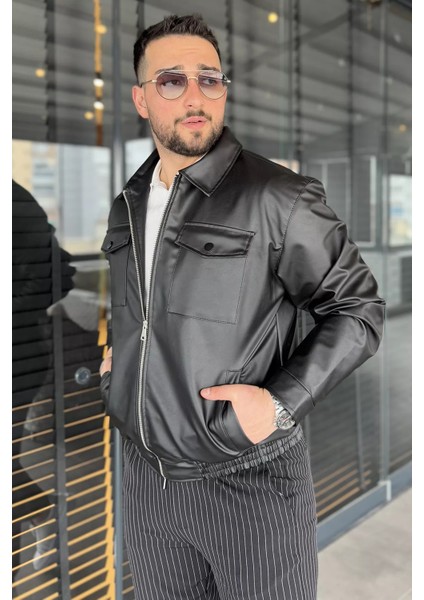 Erkek Bel Büzgülü Ön Fermuarlı Suni Deri Ceket modelleri