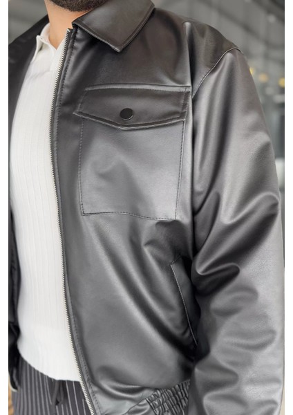 Erkek Bel Büzgülü Ön Fermuarlı Suni Deri Ceket fırsatları