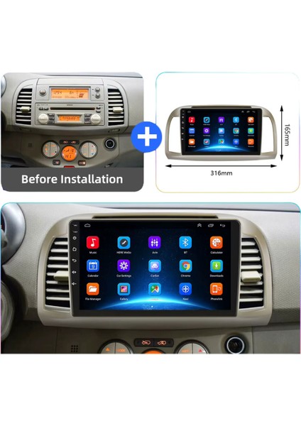 Nissan Micra Araç Multimedya Android Ekran Carplay Navigasyon Double Teyp 2+32 9" 02-10 Bej