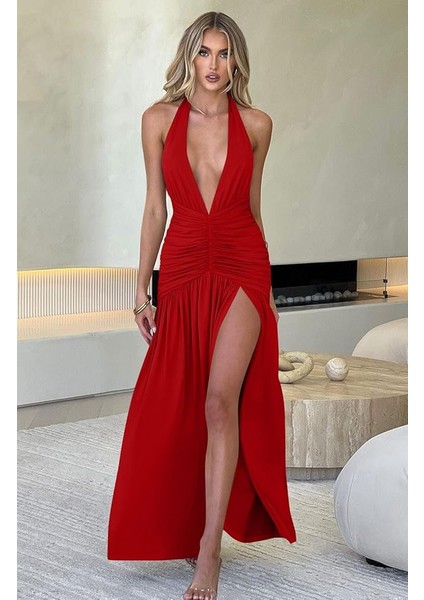 Özel Tasarım Boyundan Bağlamalı Göğüs Dekolteli Yırtmaçlı Elbise