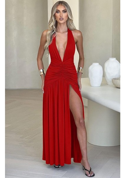 Özel Tasarım Boyundan Bağlamalı Göğüs Dekolteli Yırtmaçlı Elbise fiyatları