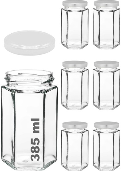385 ml Metal Beyaz Kapaklı Altıgen Bal Kavanozu 385 cc Şeffaf Hexagon Kavanoz 6 Adet (500 gr Bal Alır)
